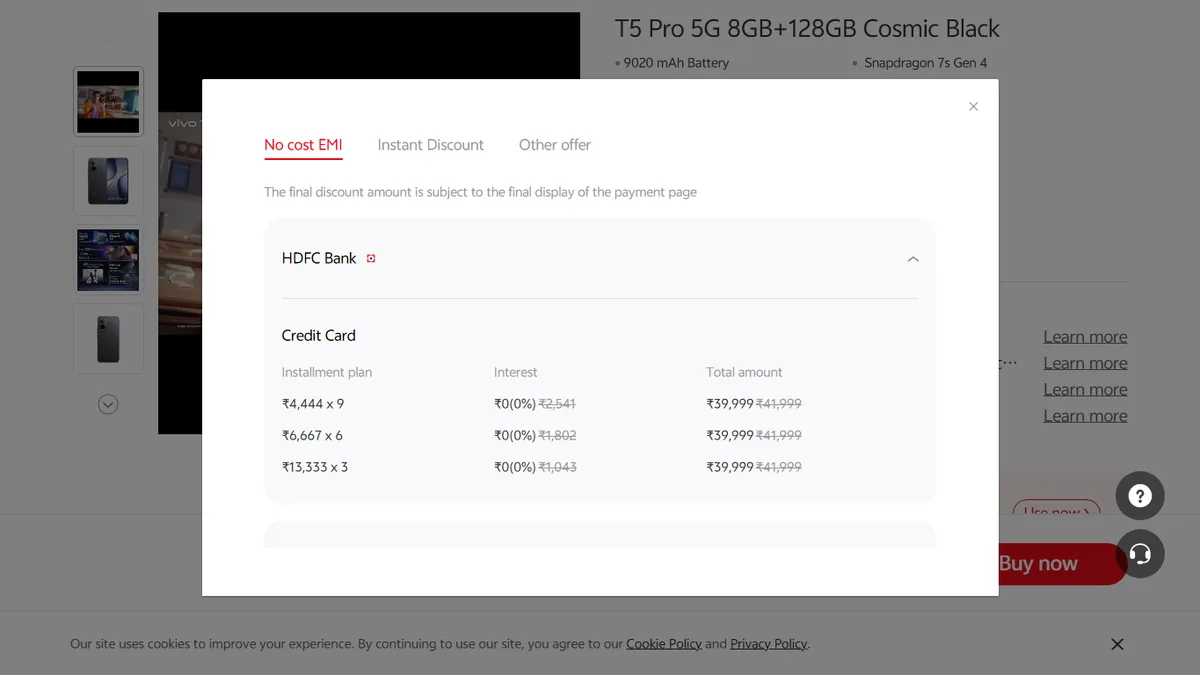 Step 2 to search bank EMI offers for vivo T5 Pro 5G on Vivo Store