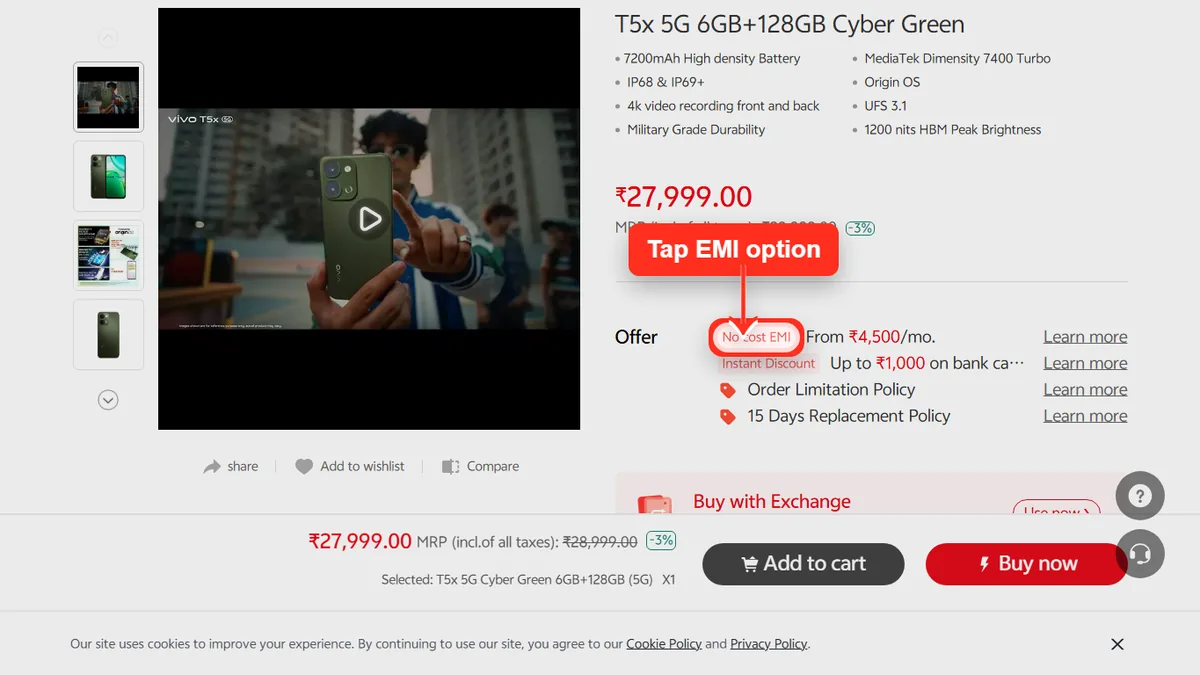 Step 1 to check EMI for vivo T5x 5G on Vivo Store