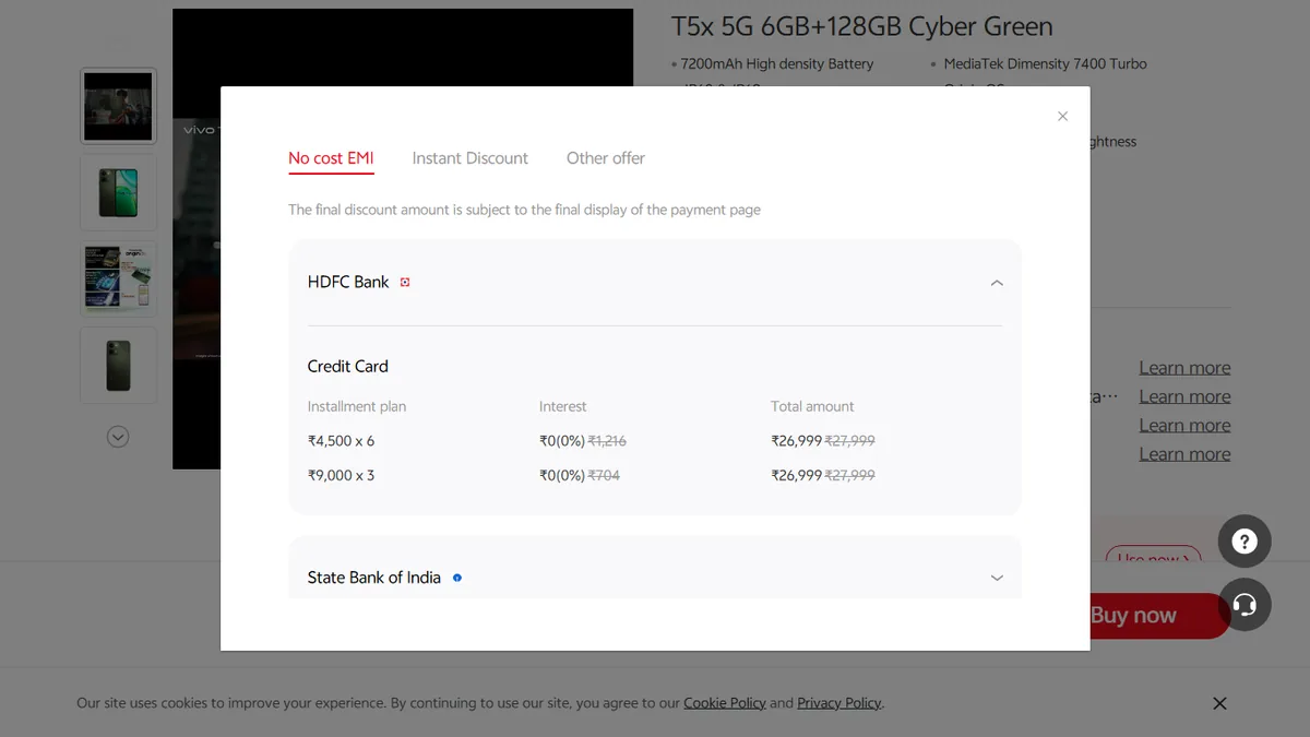 Step 2 to search bank EMI offers for vivo T5x 5G on Vivo Store