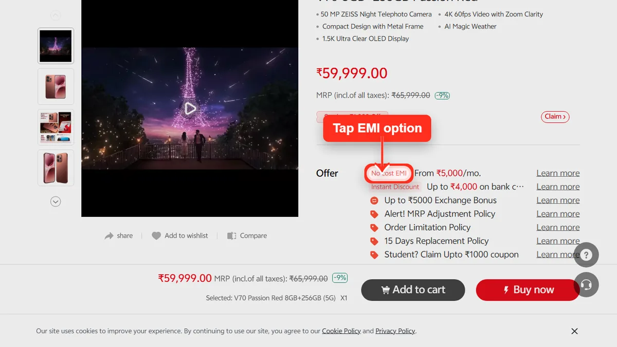 Step 1 to check EMI for vivo V70 on Vivo Store