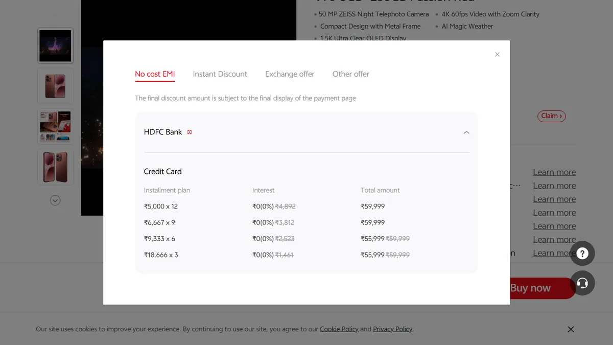 Step 2 to search bank EMI offers for vivo V70 on Vivo Store