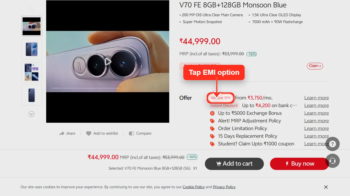 Step 1 to check EMI for vivo V70 FE on Vivo Store