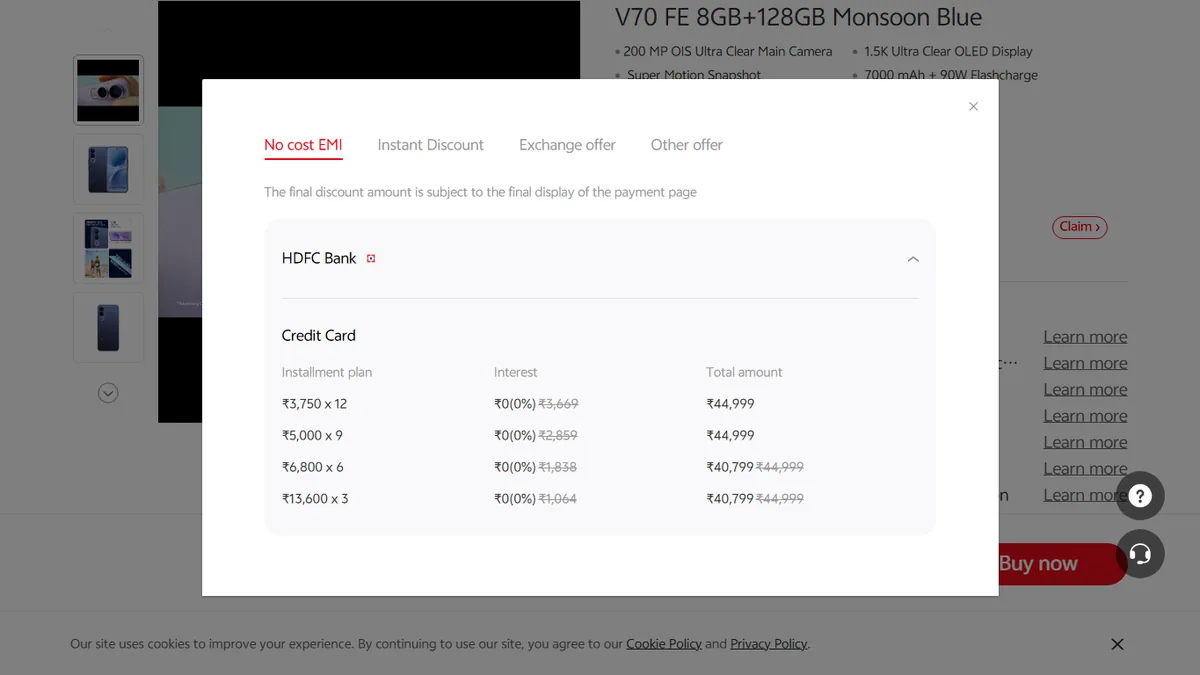 Step 2 to search bank EMI offers for vivo V70 FE on Vivo Store