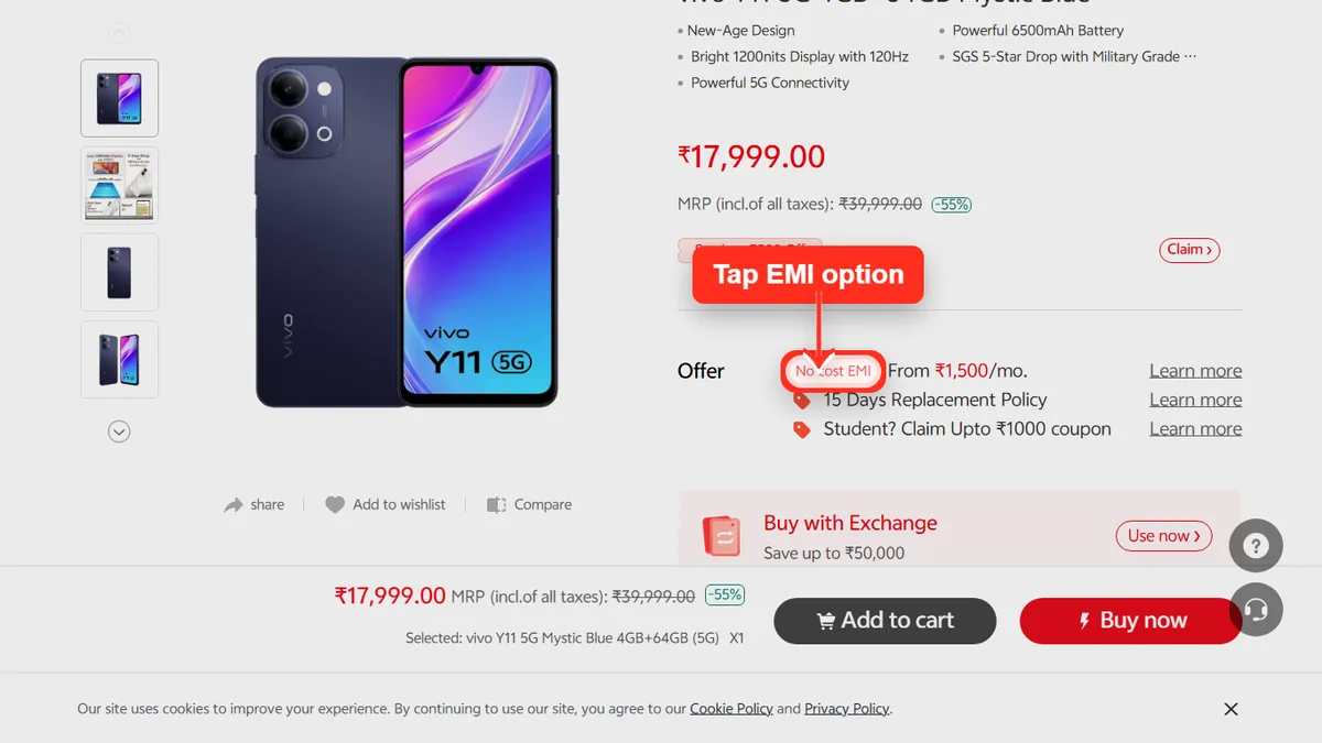 Step 1 to check EMI for vivo vivo Y11 5G on Vivo Store