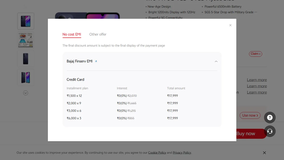 Step 2 to search bank EMI offers for vivo vivo Y11 5G on Vivo Store