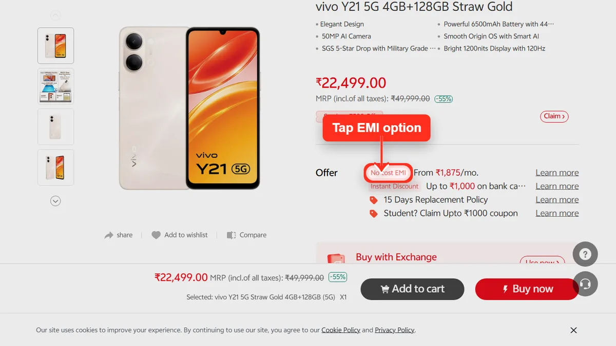 Step 1 to check EMI for vivo vivo Y21 5G on Vivo Store