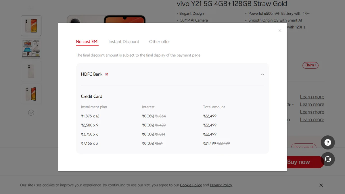 Step 2 to search bank EMI offers for vivo vivo Y21 5G on Vivo Store