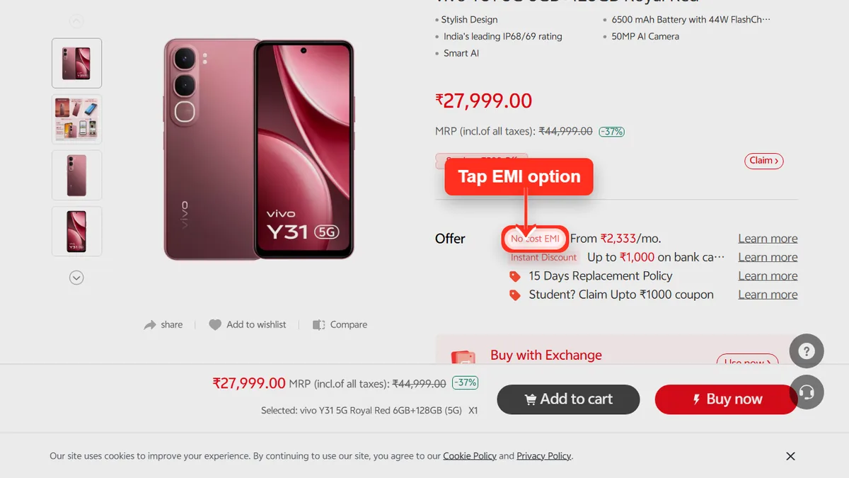 Step 1 to check EMI for vivo vivo Y31 5G on Vivo Store