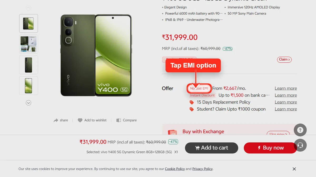 Step 1 to check EMI for vivo vivo Y400 5G on Vivo Store