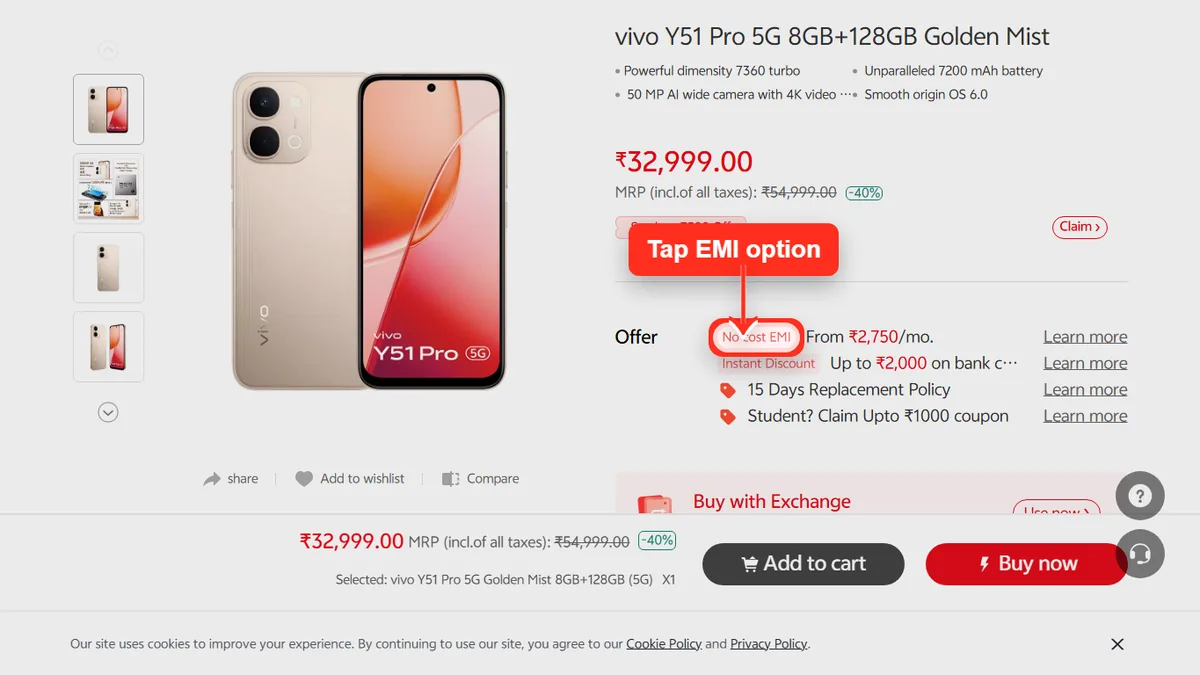 Step 1 to check EMI for vivo vivo Y51 Pro 5G on Vivo Store