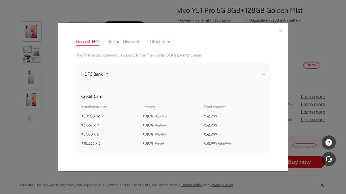 Step 2 to search bank EMI offers for vivo vivo Y51 Pro 5G on Vivo Store