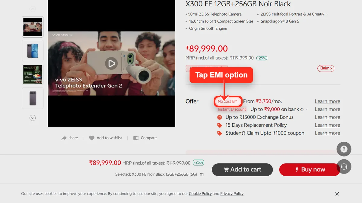 Step 1 to check EMI for vivo X300 FE on Vivo Store