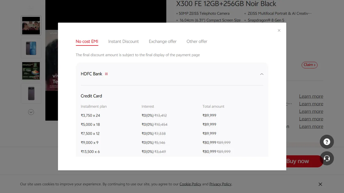 Step 2 to search bank EMI offers for vivo X300 FE on Vivo Store