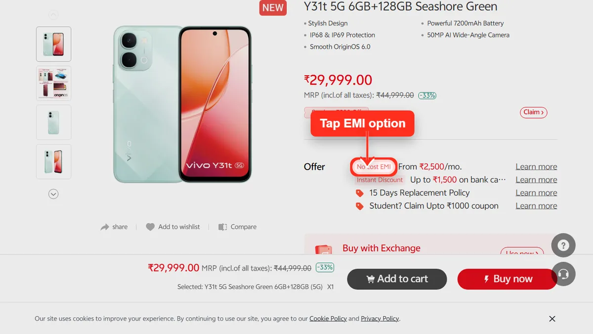 Step 1 to check EMI for vivo Y31t 5G on Vivo Store