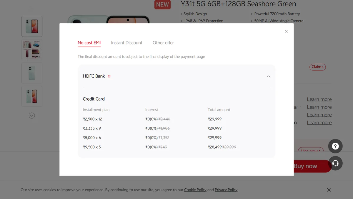 Step 2 to search bank EMI offers for vivo Y31t 5G on Vivo Store